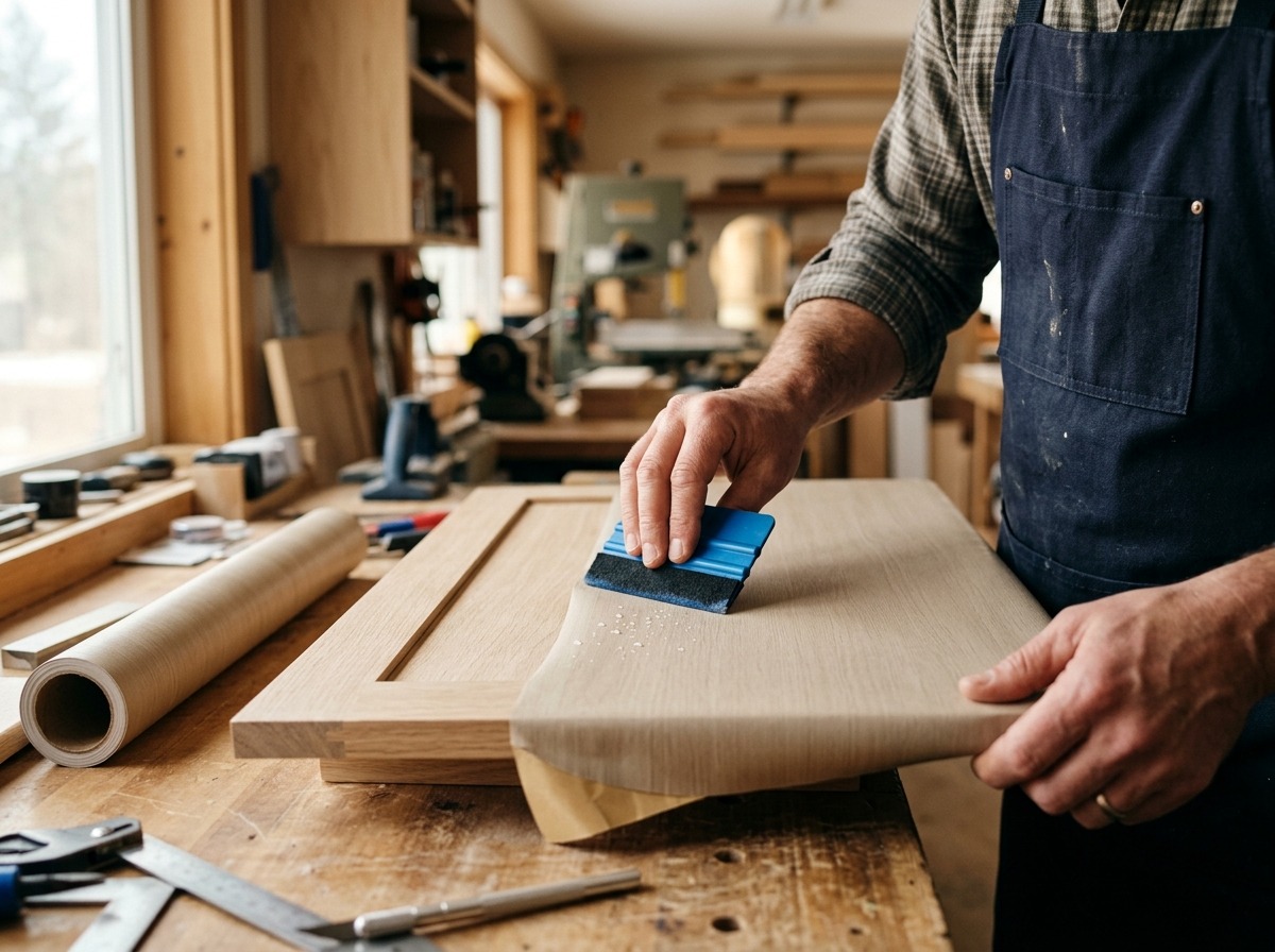 Artisan posant un film adhésif sur une façade en bois avec une raclette, en atelier
